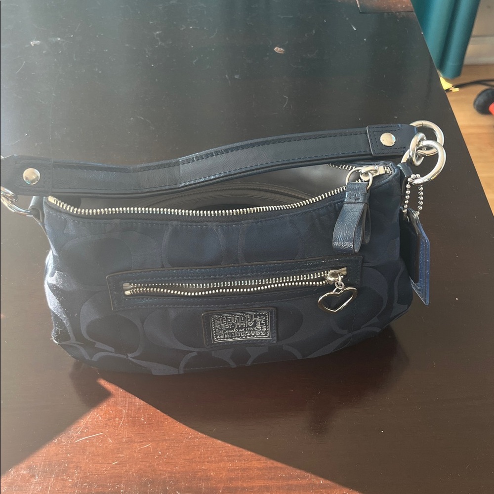 Coach Dark Blue Shoulder Bag with Silver Accents